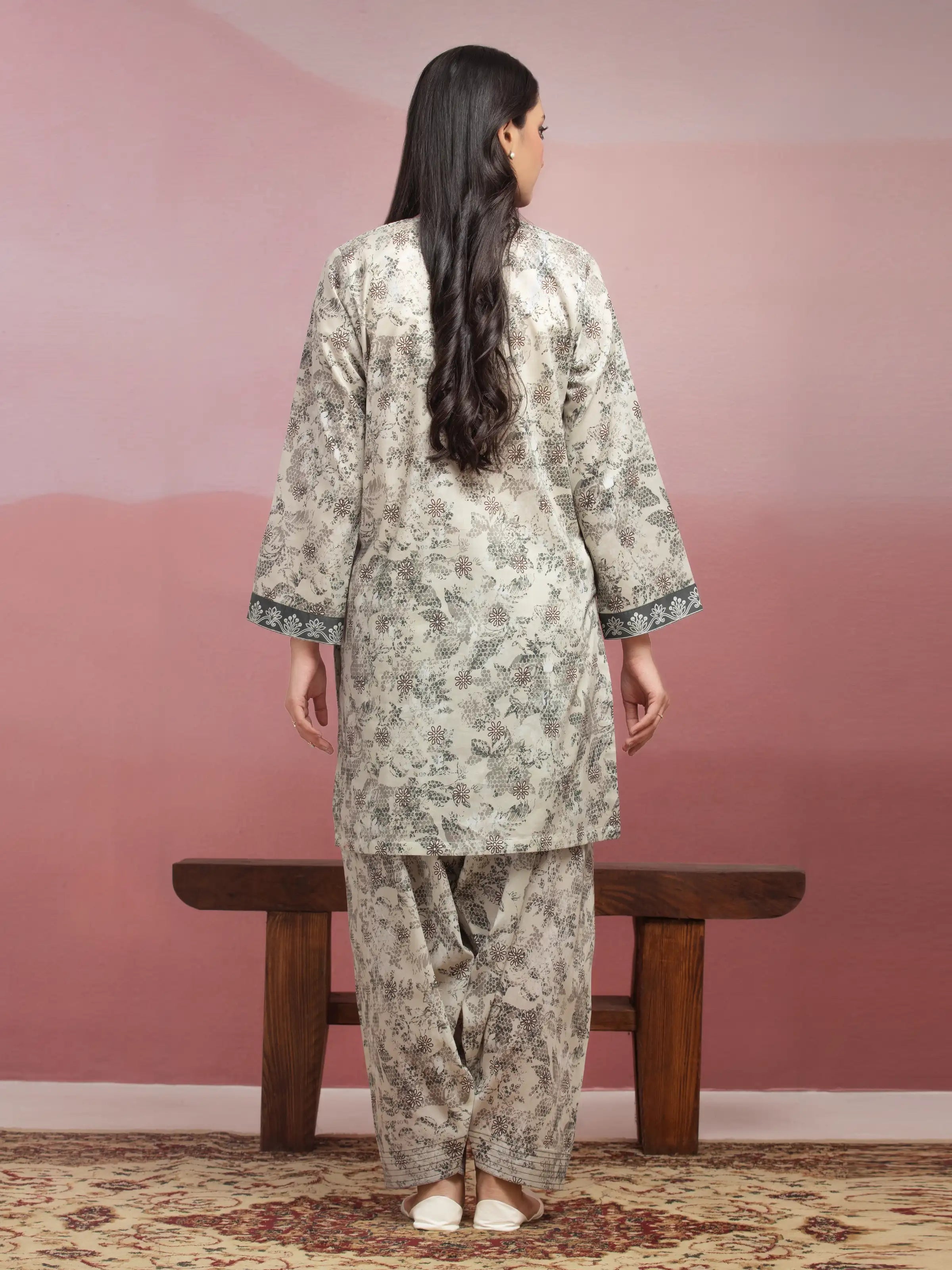 Edenrobe Unstitched Beige Printed Lawn 2 Piece