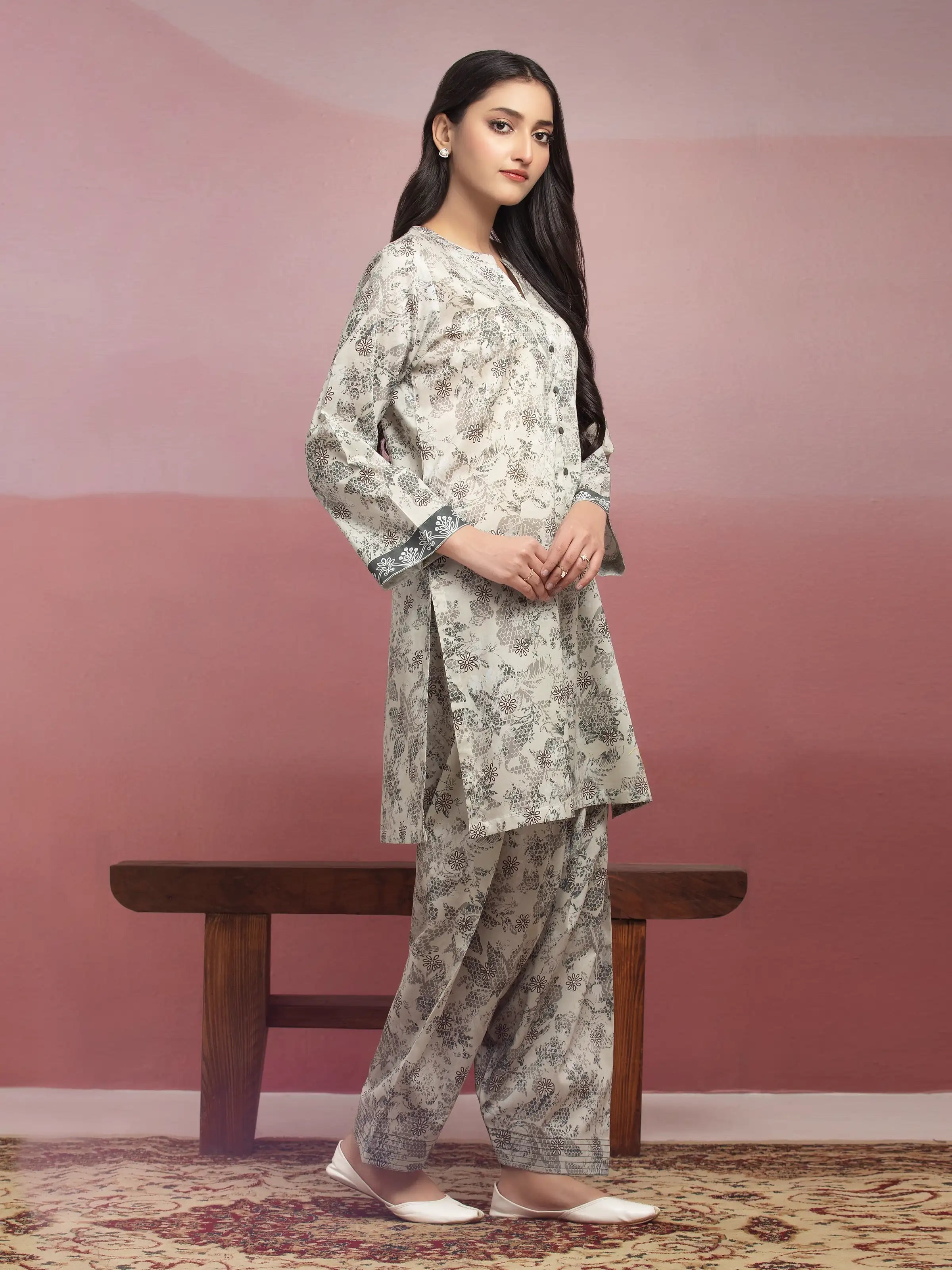 Edenrobe Unstitched Beige Printed Lawn 2 Piece