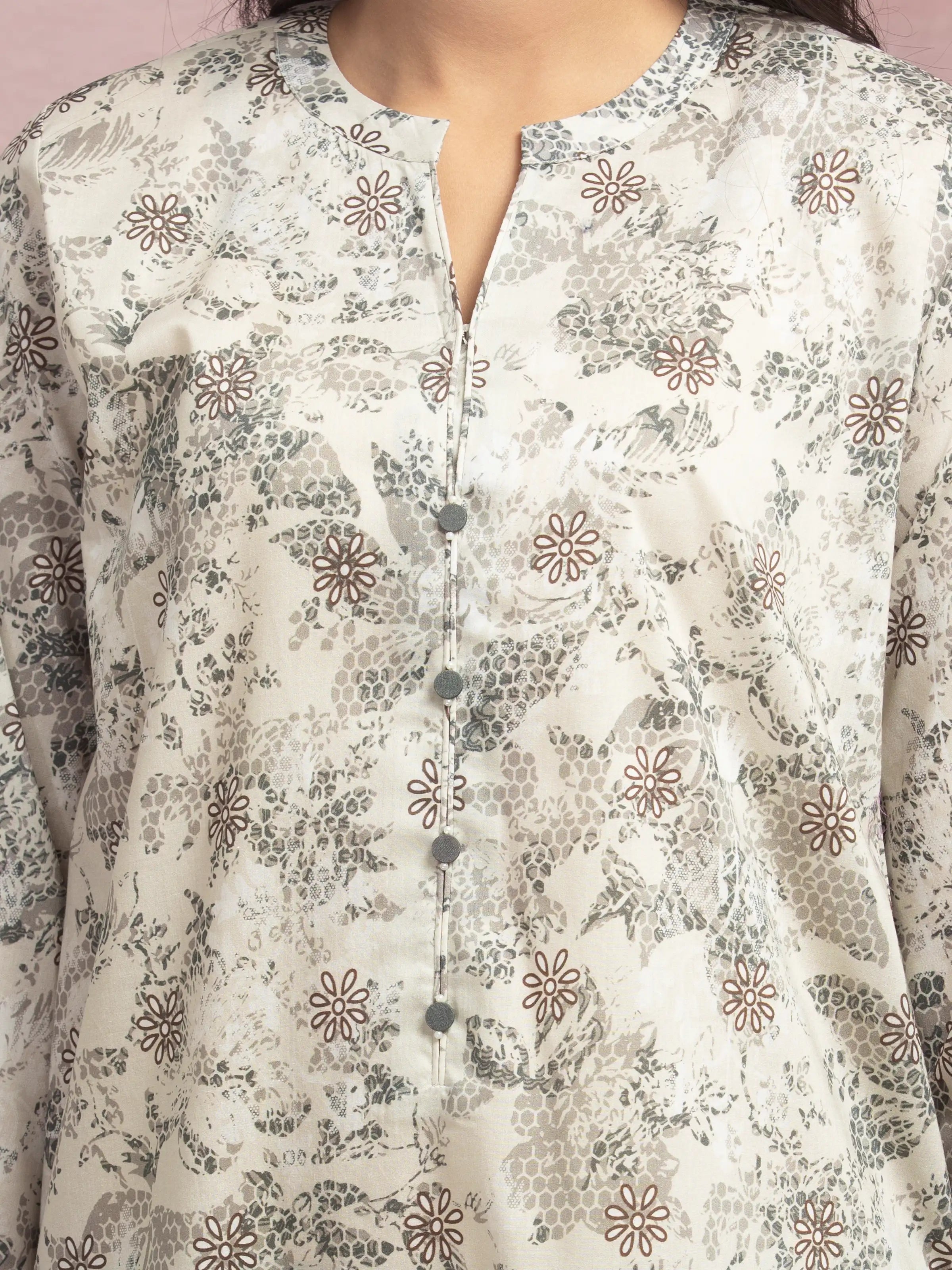 Edenrobe Unstitched Beige Printed Lawn 2 Piece
