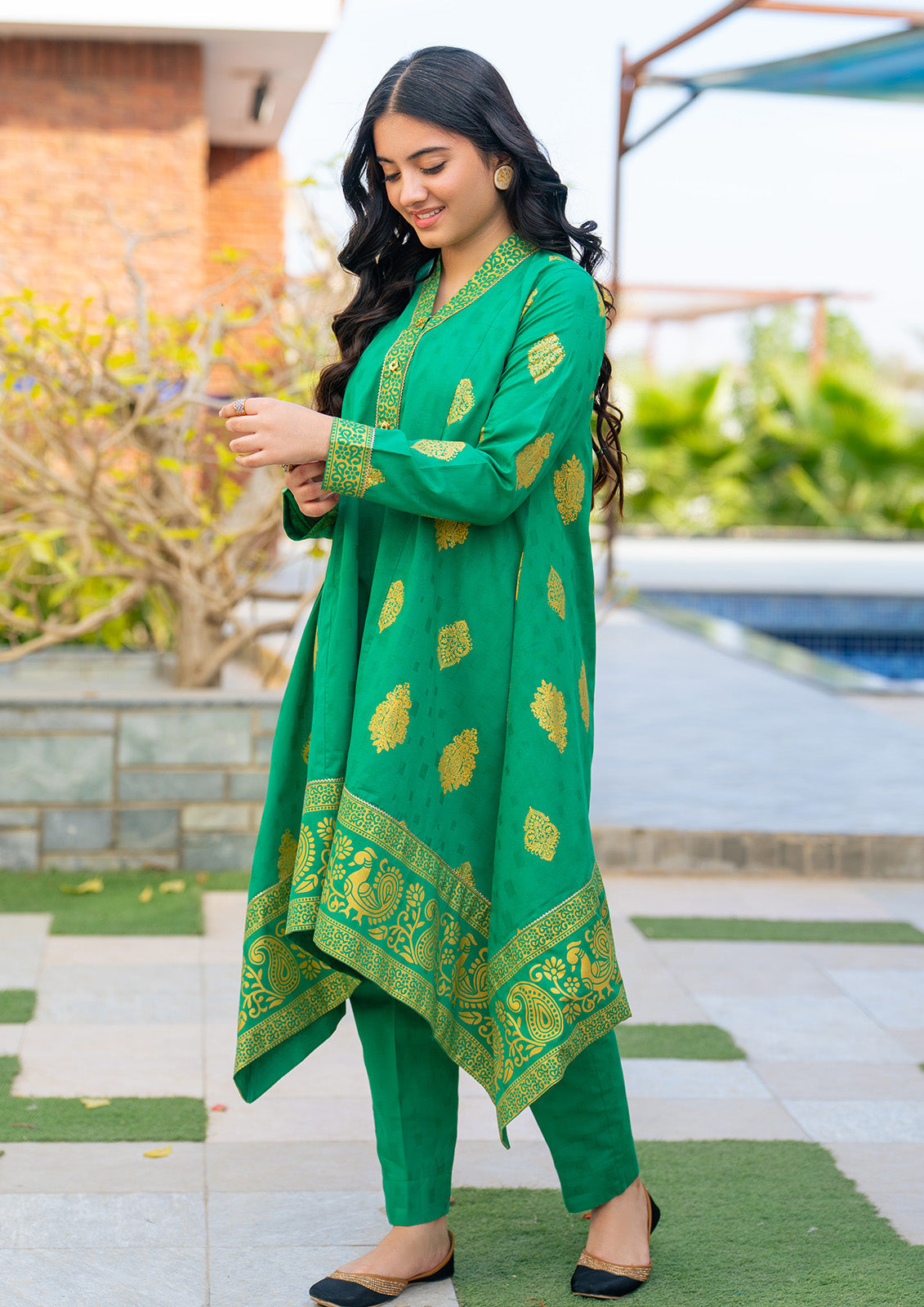 MC-Suit, ALL OVER gold PRINTED Frock and Trouser with duppata