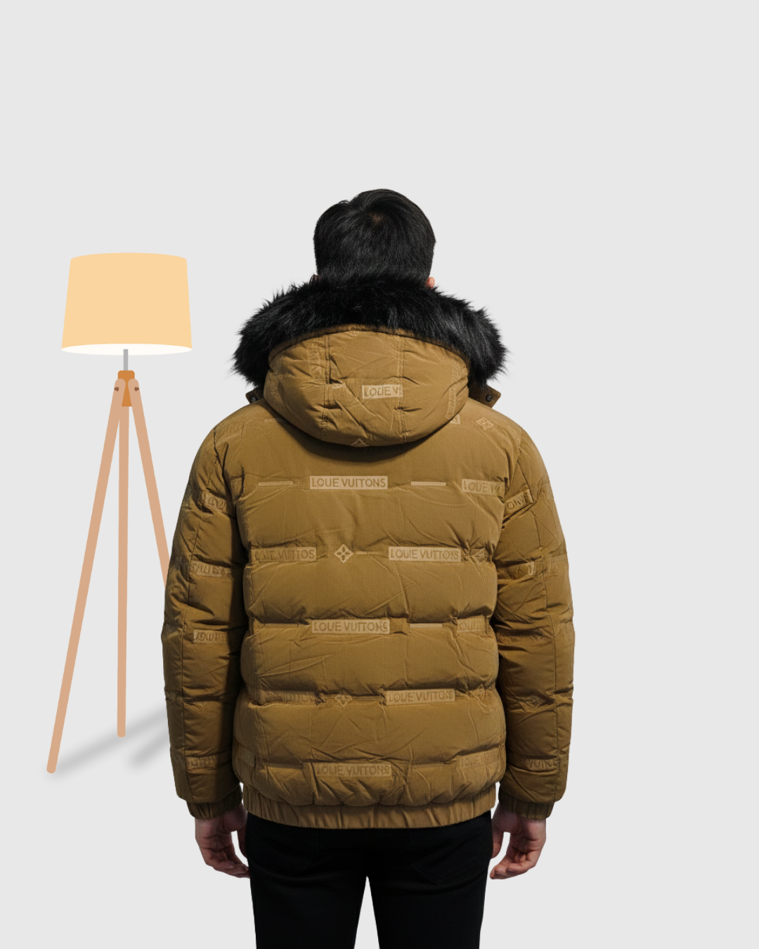 Men's Corduroy Puffer Jacket with Faux Fur Hood - Camel/Brown