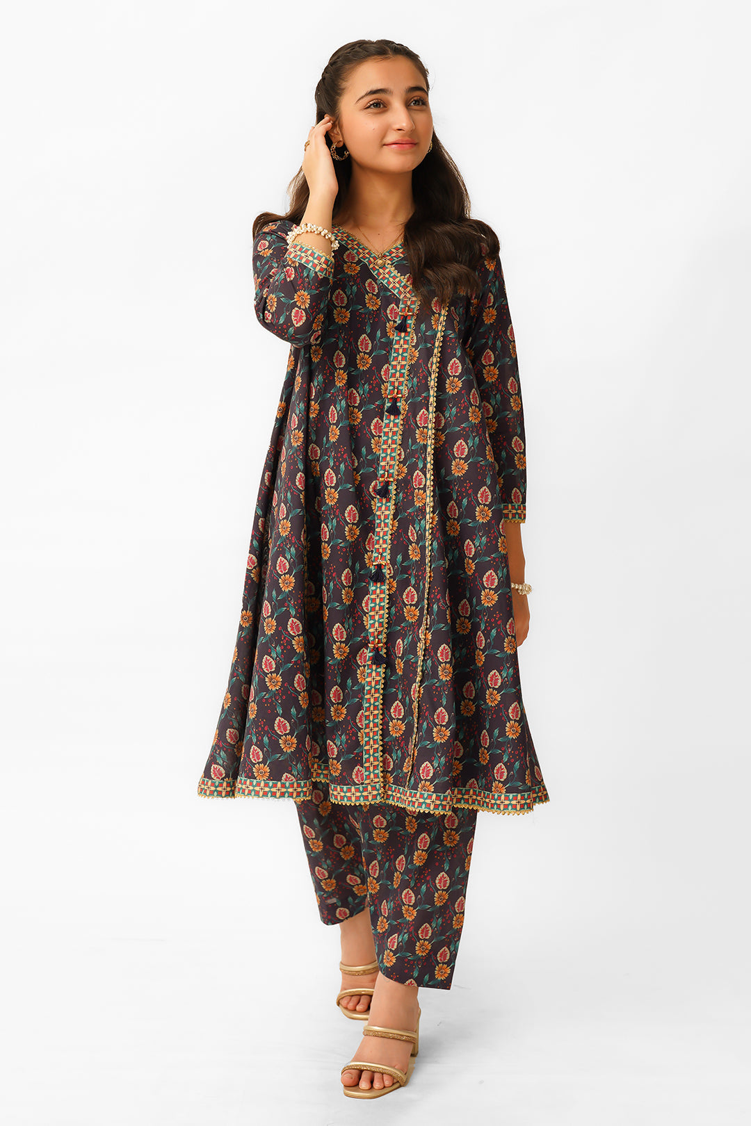 MC-Lawn printed Angrakha style frock with the pear of shalwer