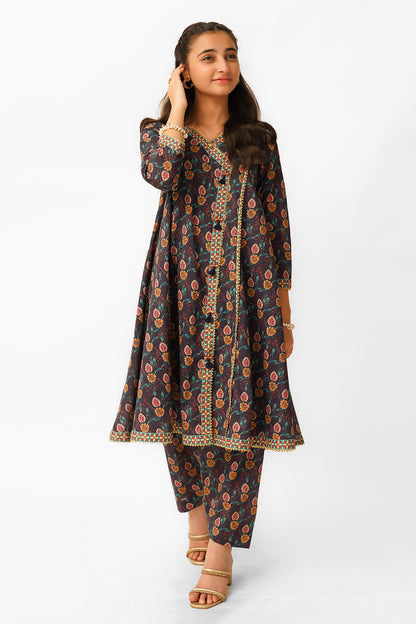 MC-Lawn printed Angrakha style frock with the pear of shalwer