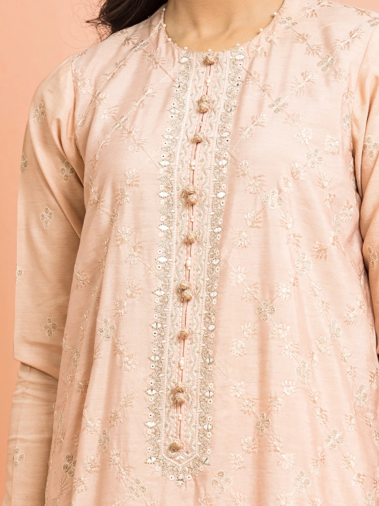 ED-Unstitched Peach Embroidered Raw Silk 3 Piece