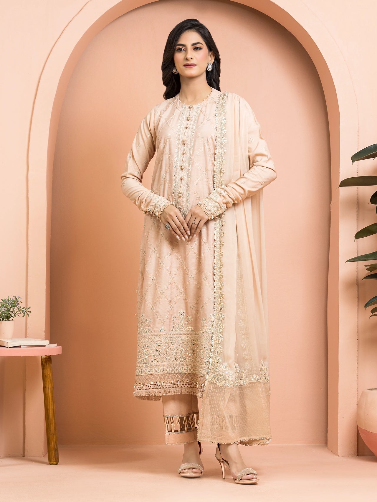 ED-Unstitched Peach Embroidered Raw Silk 3 Piece