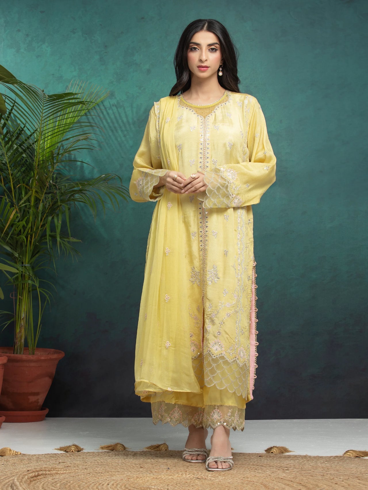 ED-Unstitched Yellow Embroidered Raw Silk 3 Piece