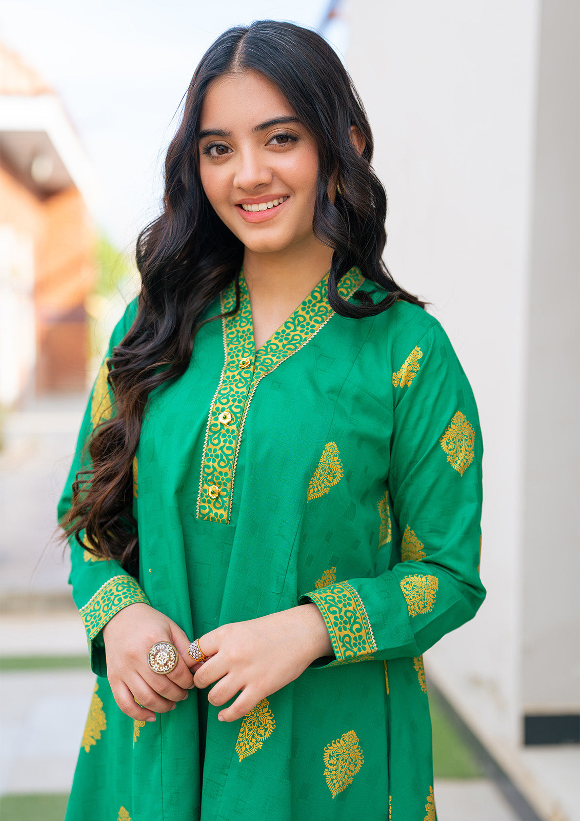 MC-Suit, ALL OVER gold PRINTED Frock and Trouser with duppata