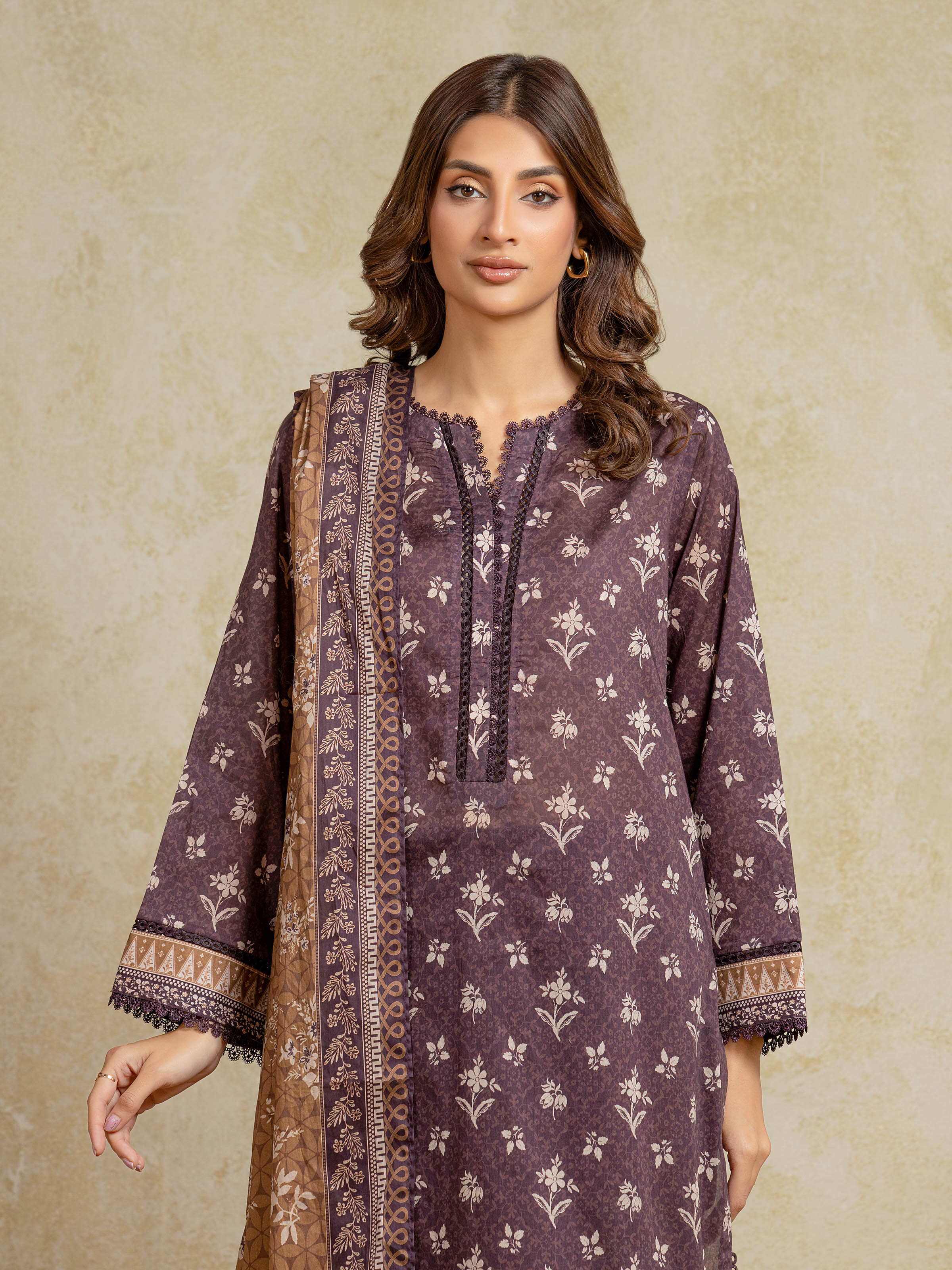 Edenrobe Unstitched Plum Printed Khaddar 3 Piece