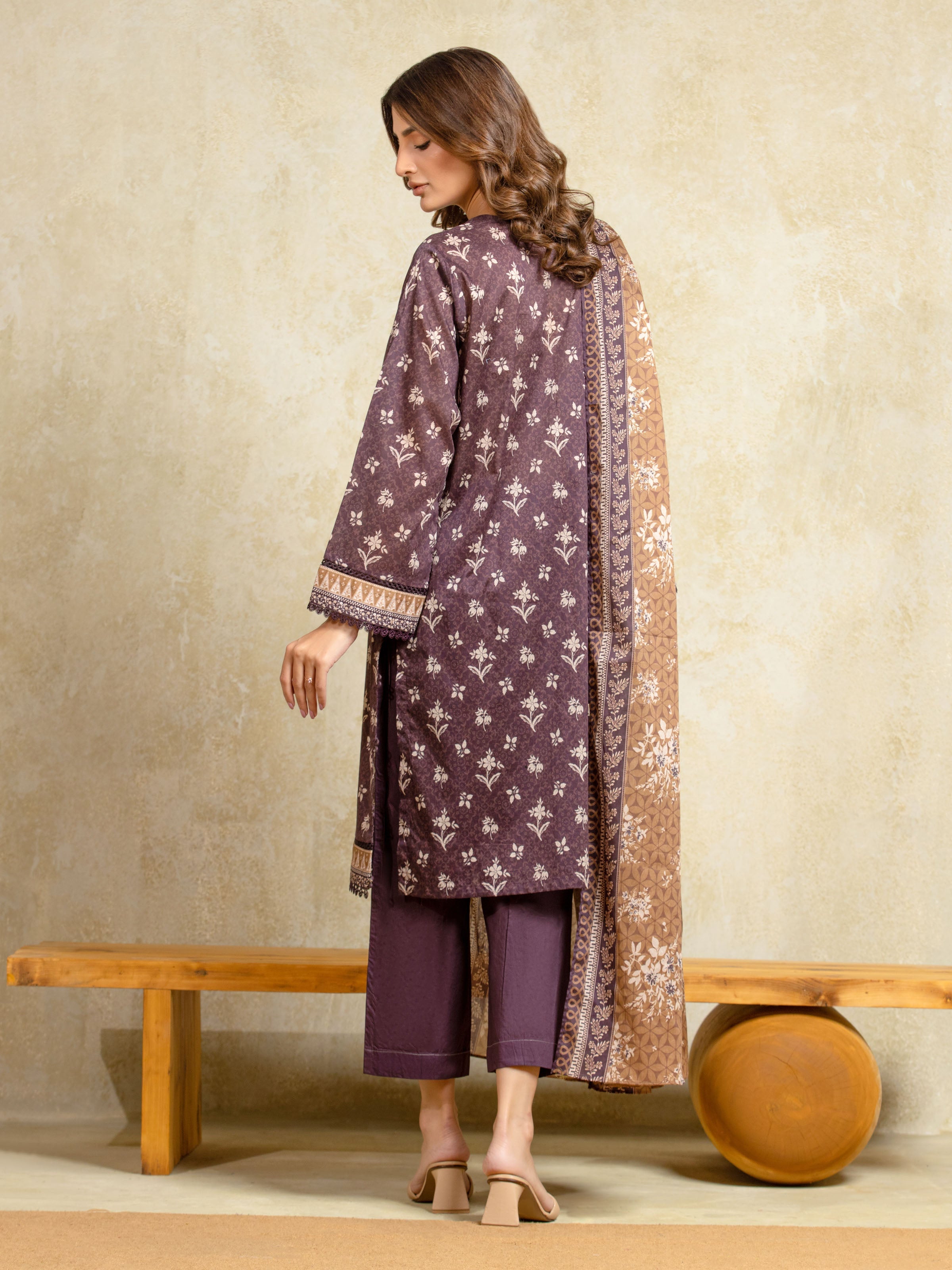 Edenrobe Unstitched Plum Printed Khaddar 3 Piece