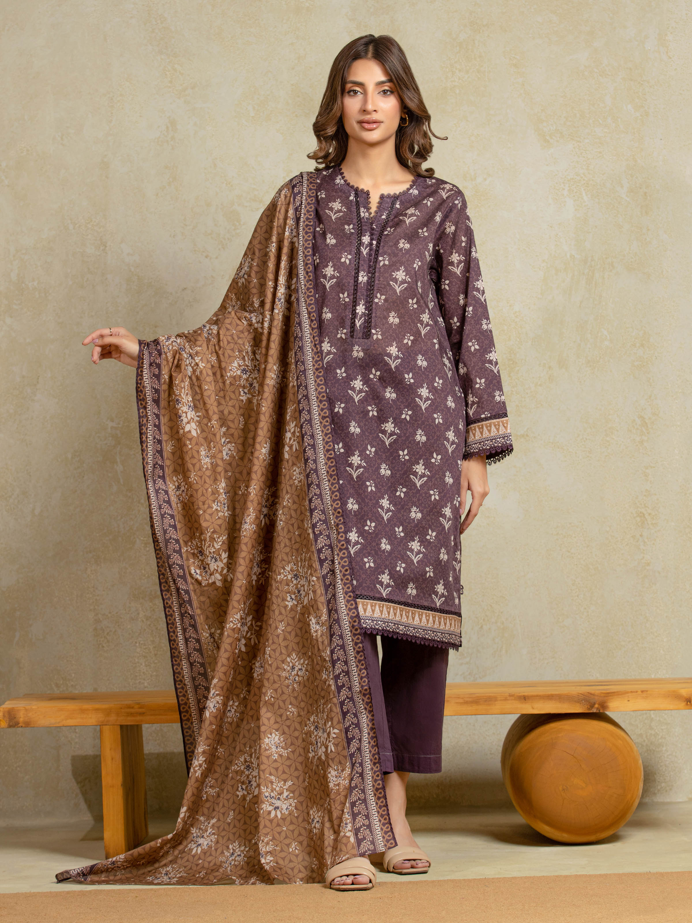 Edenrobe Unstitched Plum Printed Khaddar 3 Piece