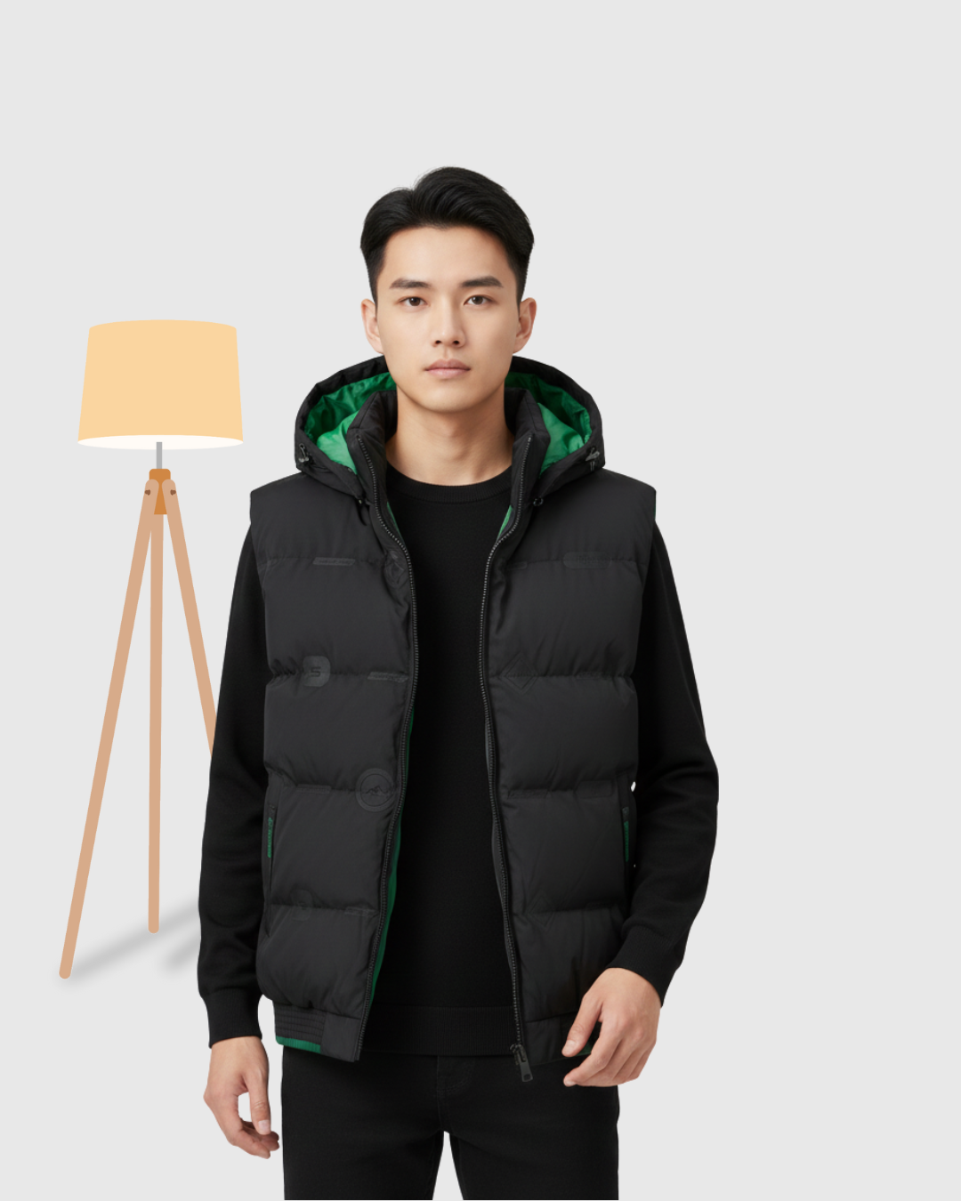 Men's Hooded Puffer Vest - Black with Contrast Green Lining