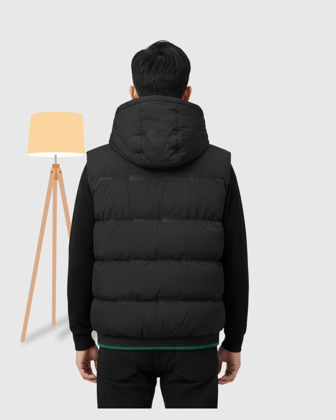 Men's Hooded Puffer Vest - Black with Contrast Green Lining