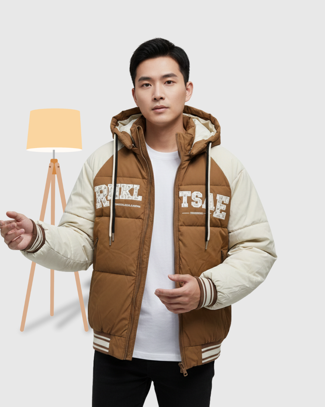 Men's Varsity Style Color Block Puffer Jacket - Brown & Cream