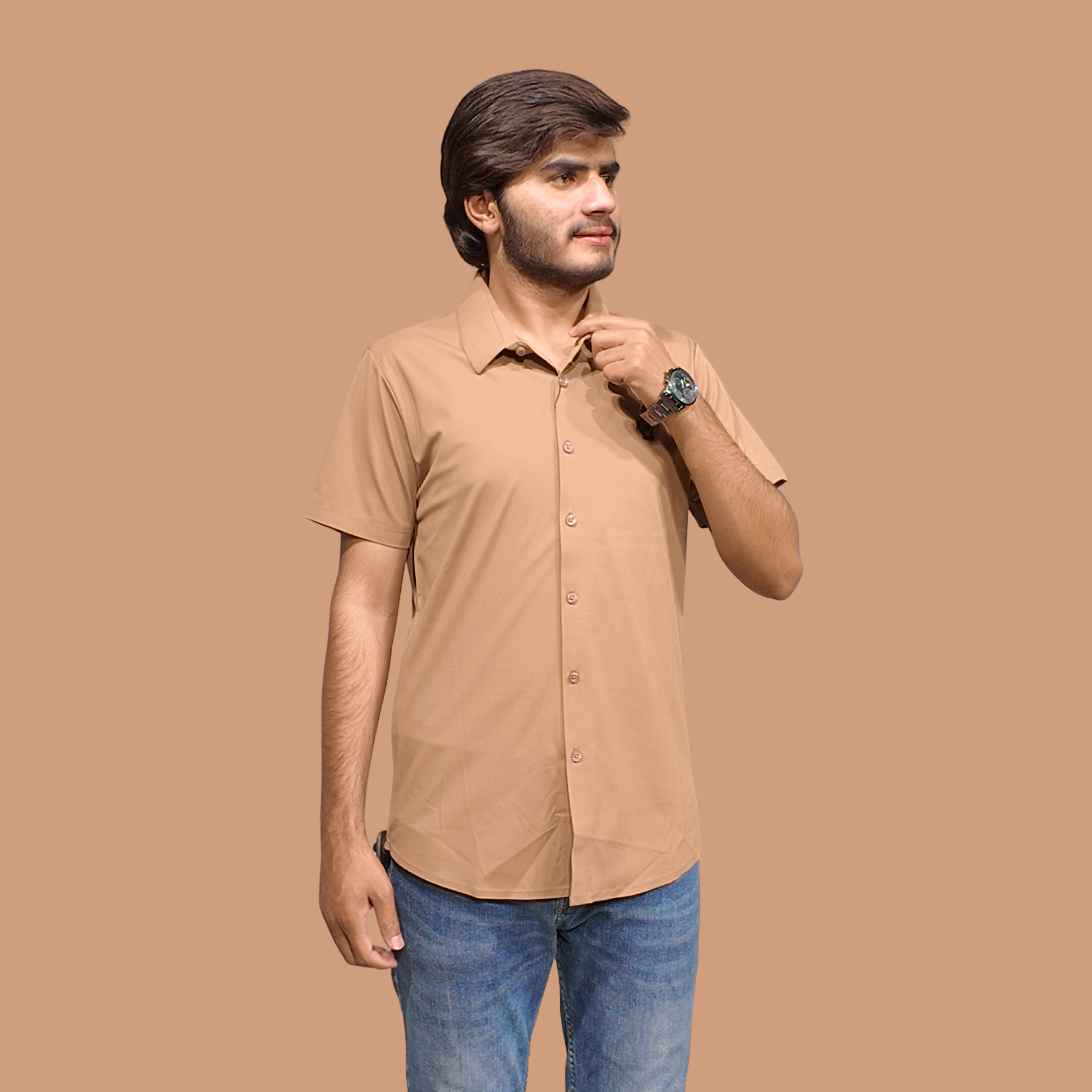 Men Orange Cuban Collar Shirt