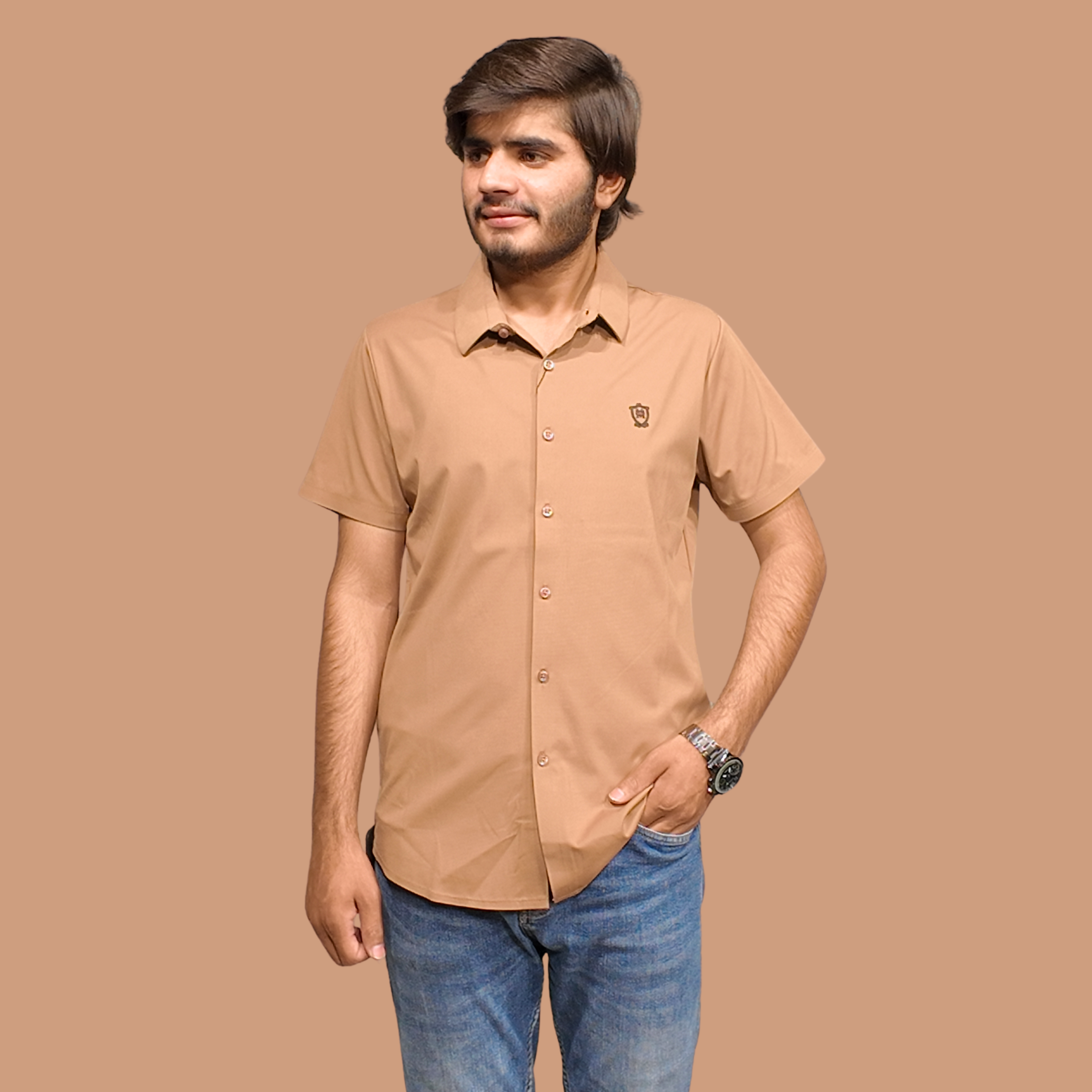 Men Orange Cuban Collar Shirt