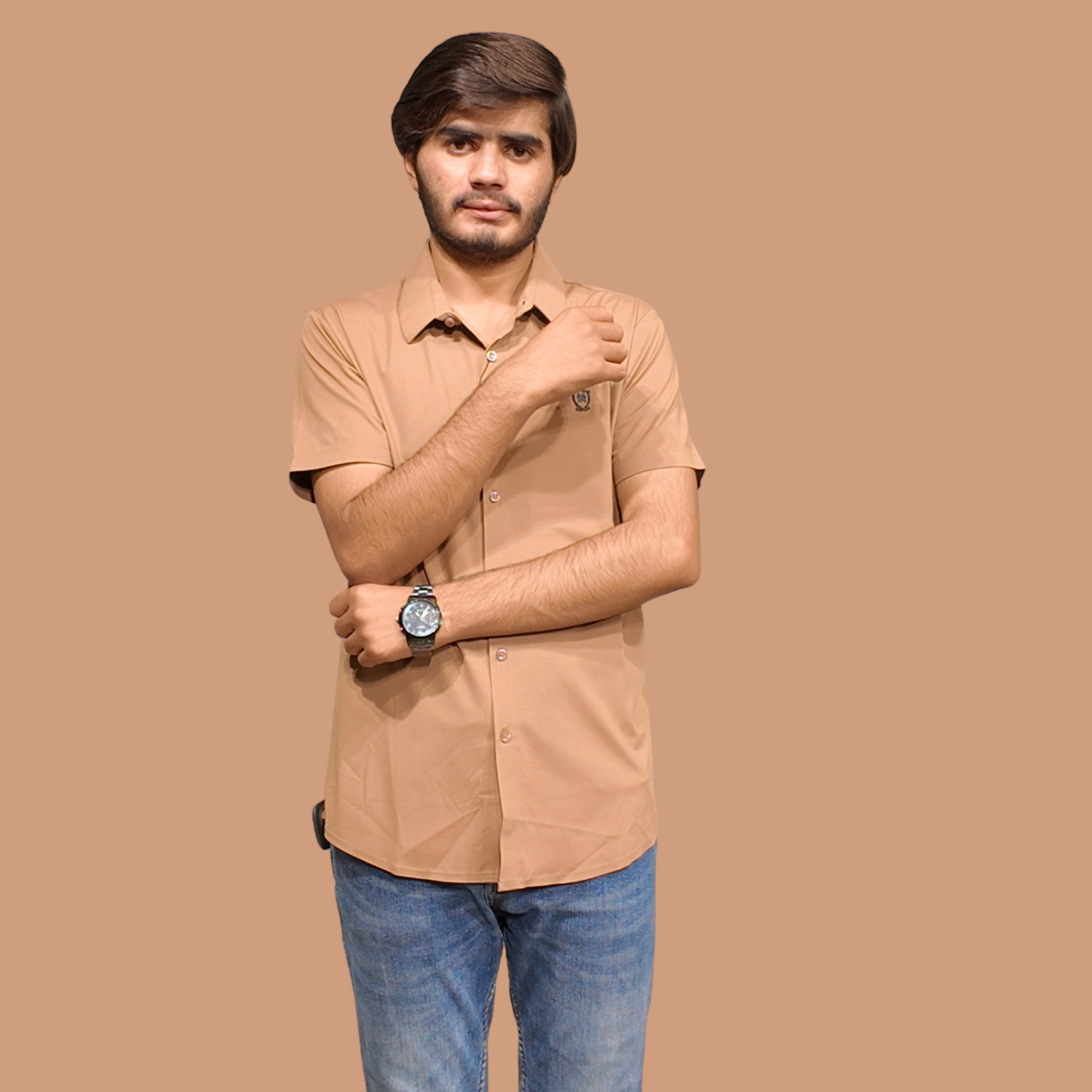 Men Orange Cuban Collar Shirt