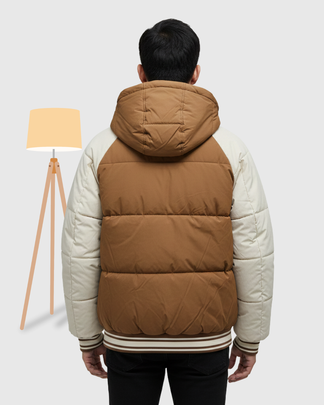 Men's Varsity Style Color Block Puffer Jacket - Brown & Cream