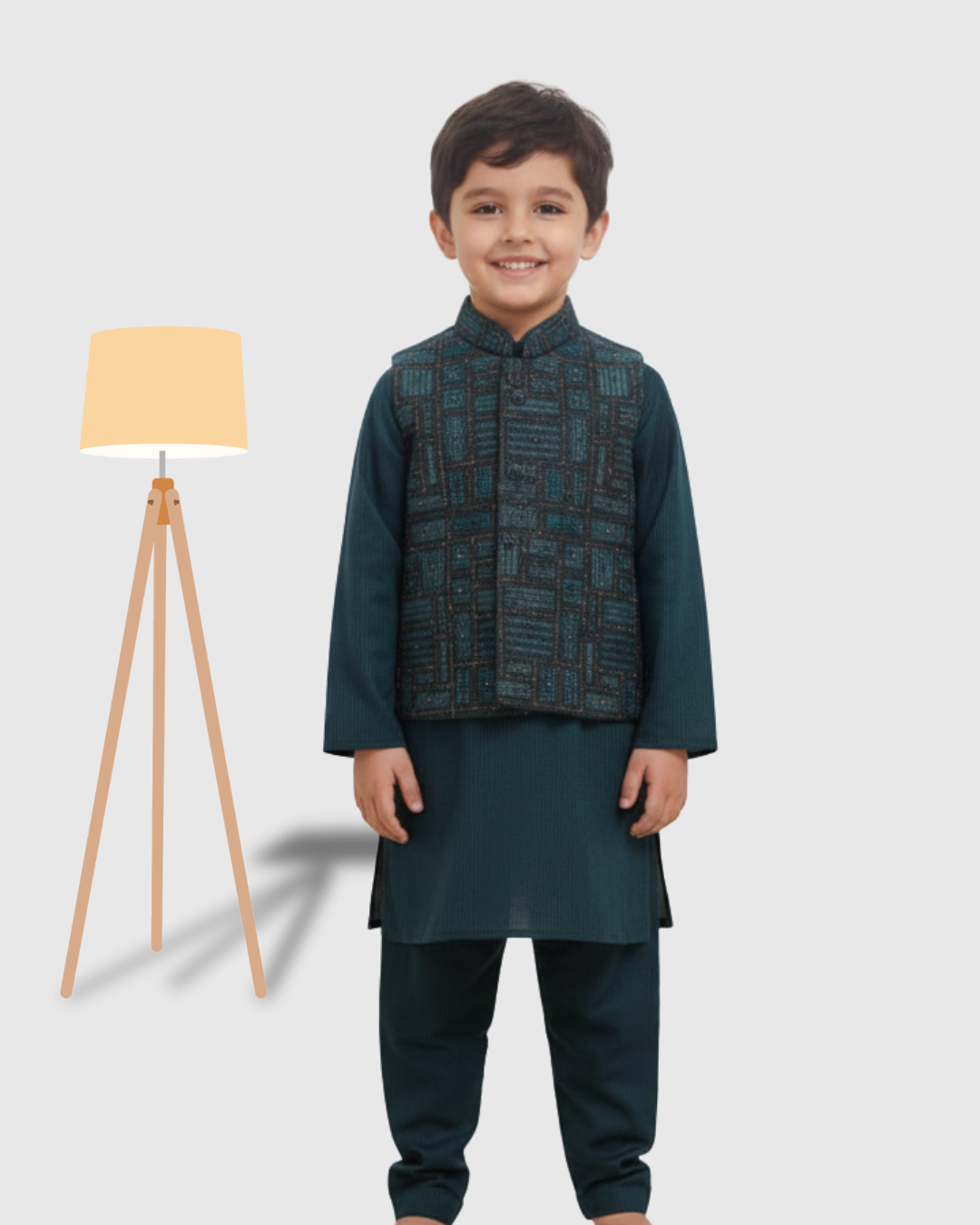 Light GREEN  Kurta Trouser with Blended Waistcoat - Kids