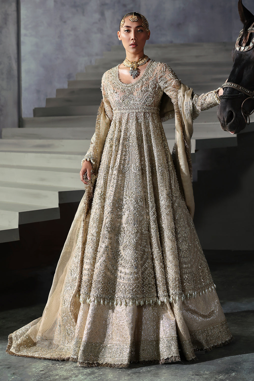 Afrozeh Embroidered Luxury Bridal Khadi Net Unstitched 3Pc Suit AFB-24-04
