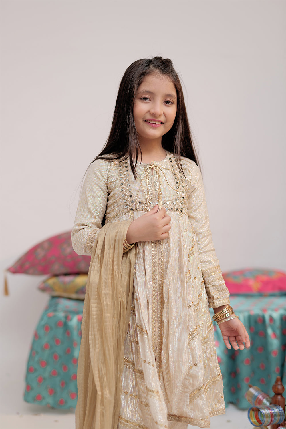 SN-02735 | Fawn & Gold | Formal 3 Piece Suit | Banarsi Shimmer & Organza tissue