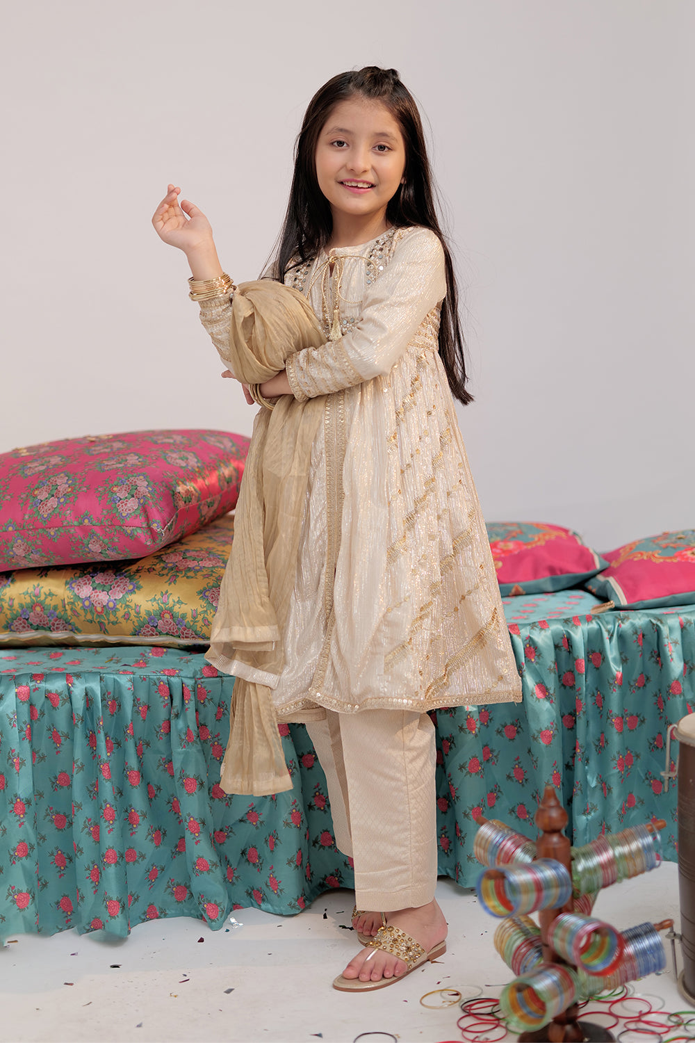 SN-02735 | Fawn & Gold | Formal 3 Piece Suit | Banarsi Shimmer & Organza tissue