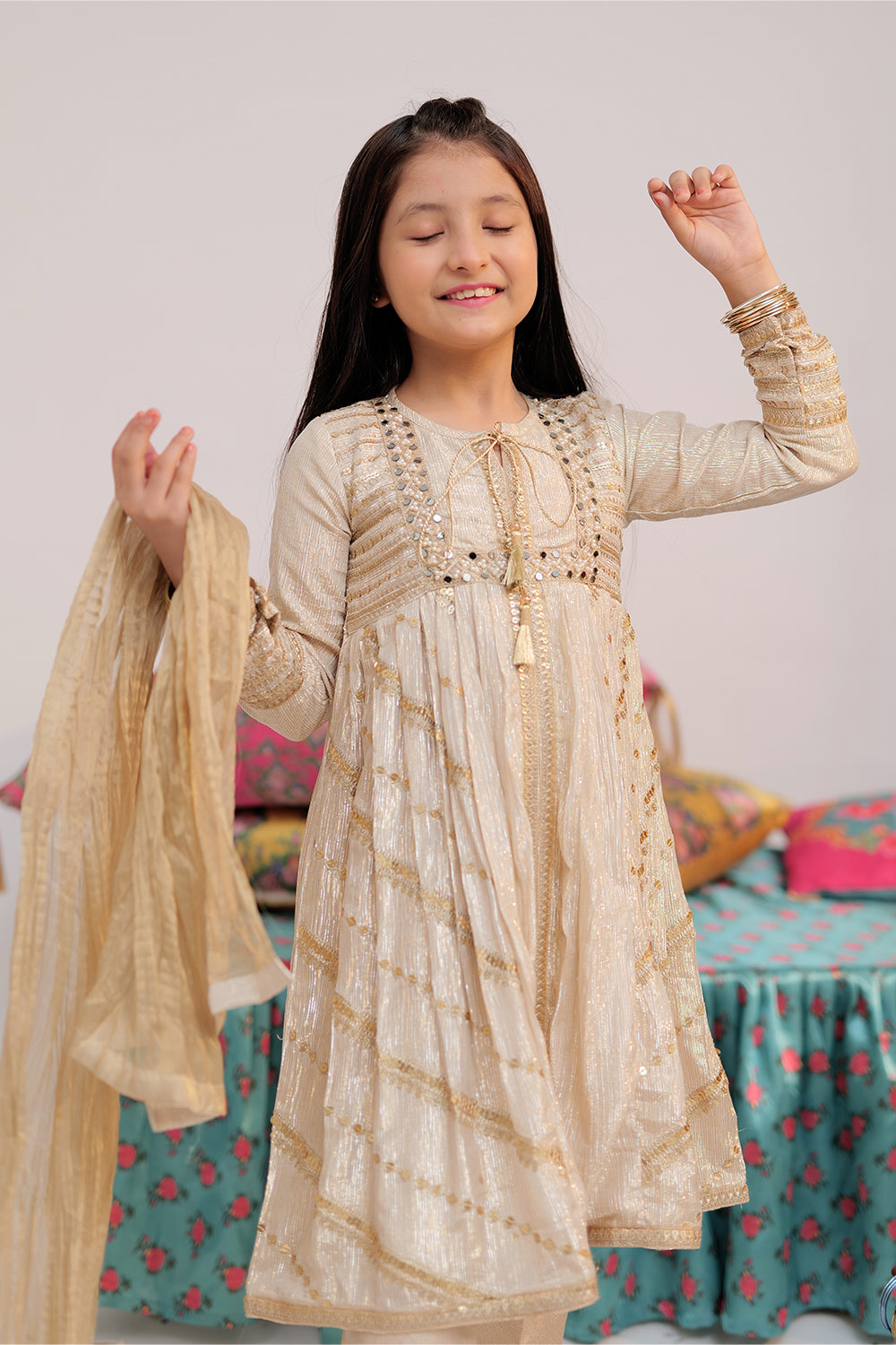 SN-02735 | Fawn & Gold | Formal 3 Piece Suit | Banarsi Shimmer & Organza tissue