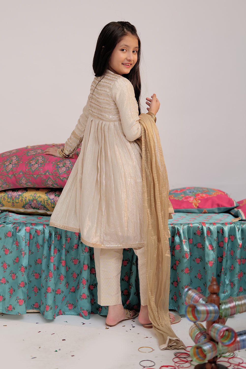 SN-02735 | Fawn & Gold | Formal 3 Piece Suit | Banarsi Shimmer & Organza tissue
