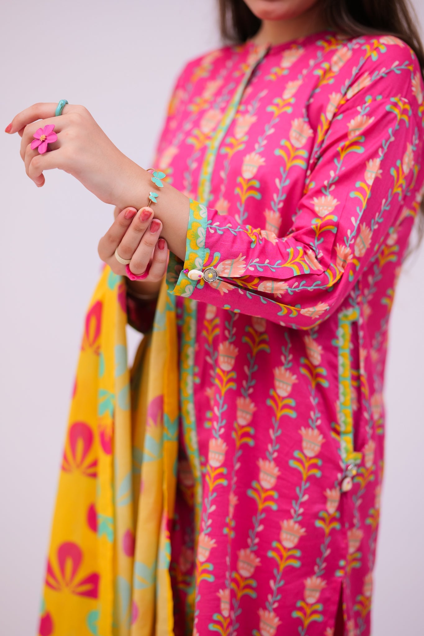 SN-02748 | Shocking Pink & Multicolor | Casual 3 Piece Suit | Cotton Lawn Printed