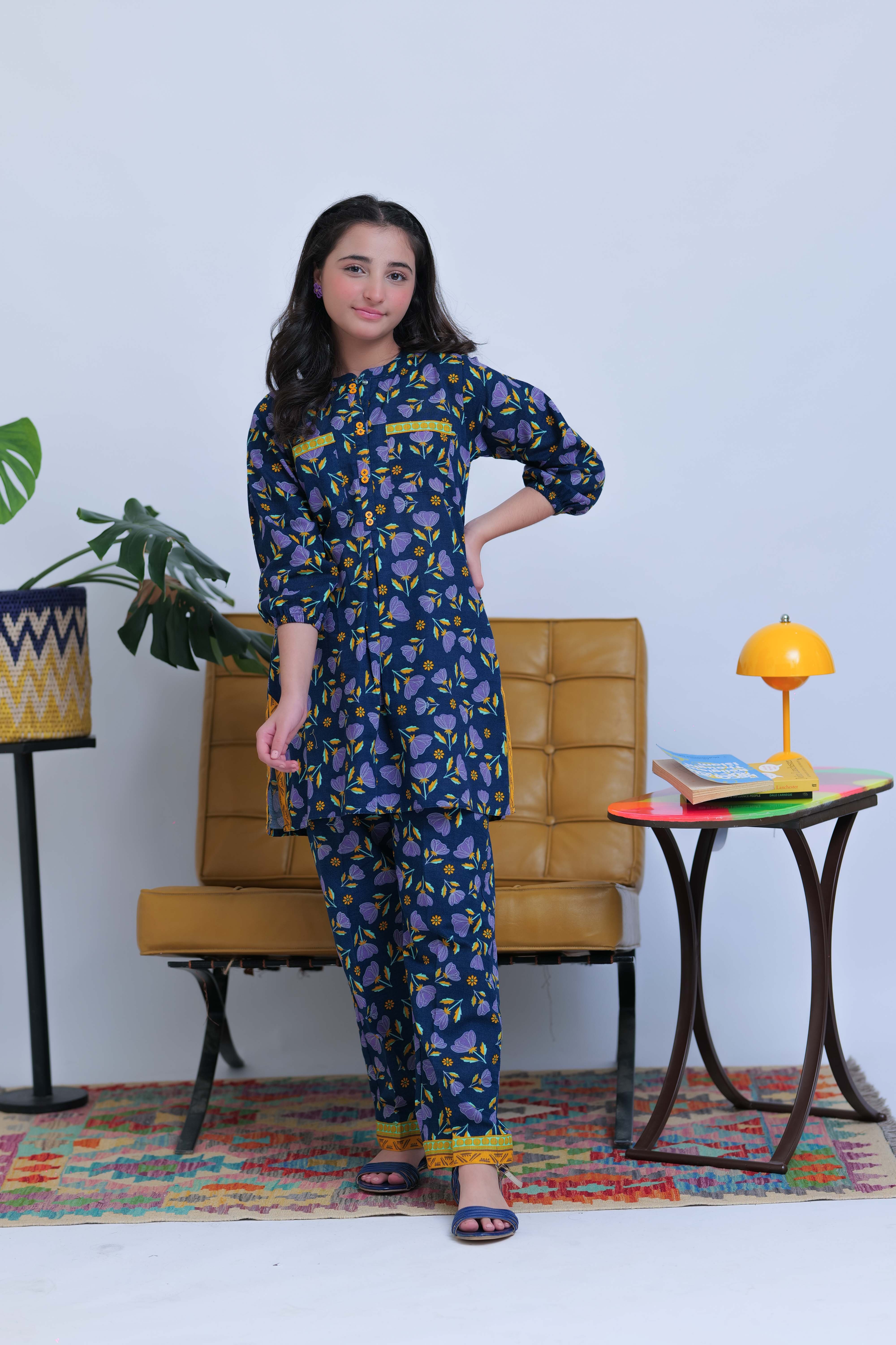 Senorita-|  Blue & Multicolor | Casual 2 Piece Suit | Cotton Dobby Self