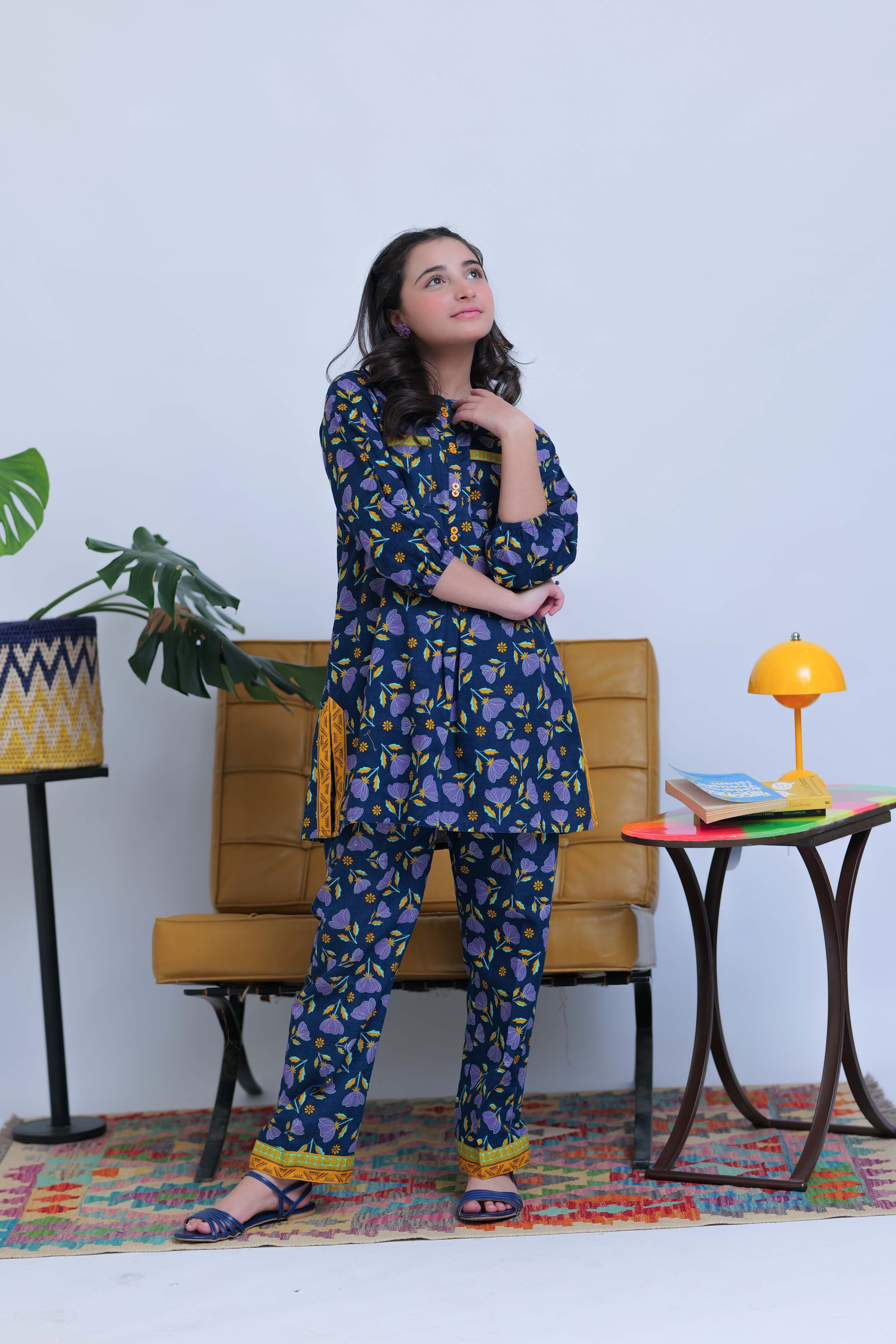 Senorita-|  Blue & Multicolor | Casual 2 Piece Suit | Cotton Dobby Self