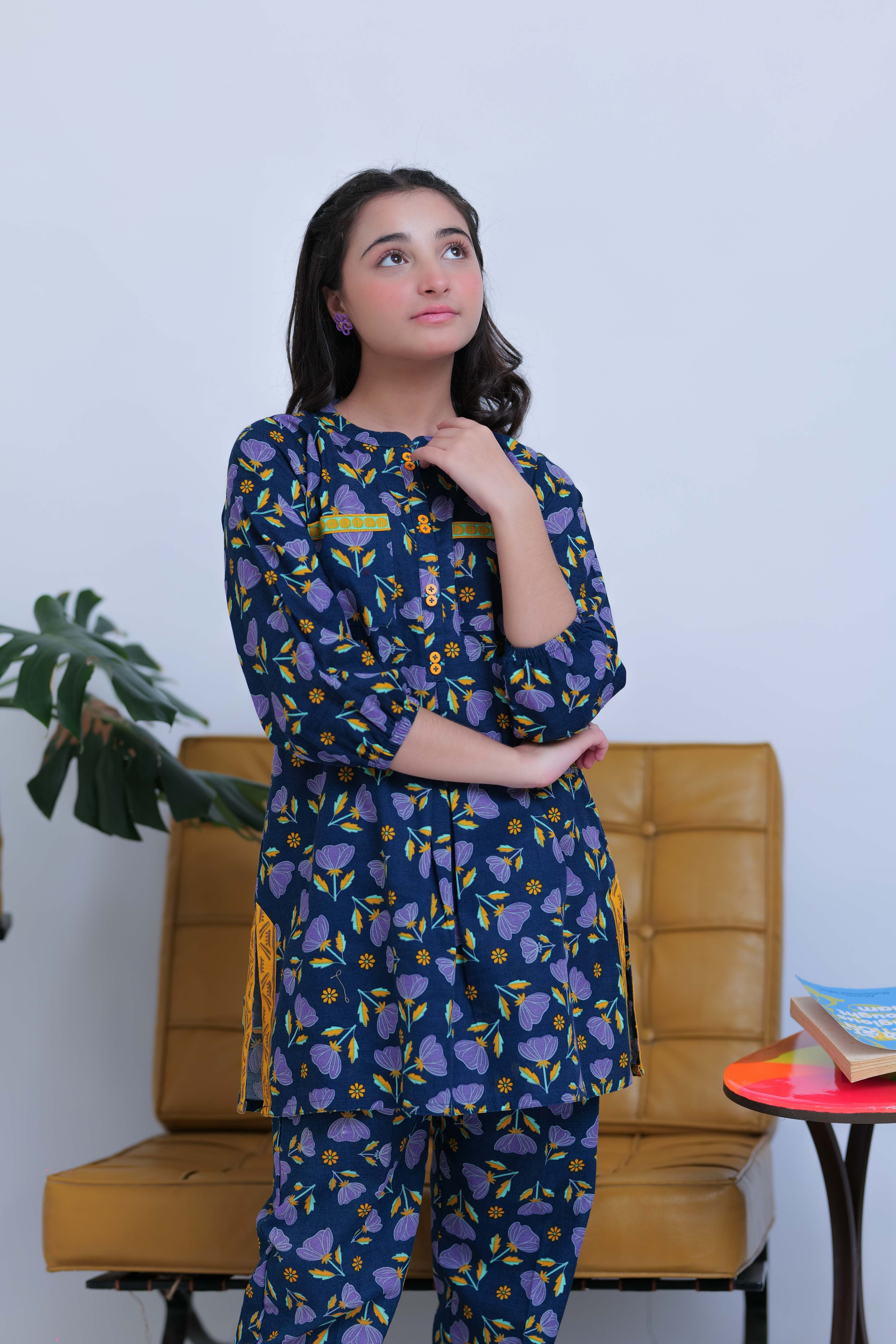 Senorita-|  Blue & Multicolor | Casual 2 Piece Suit | Cotton Dobby Self
