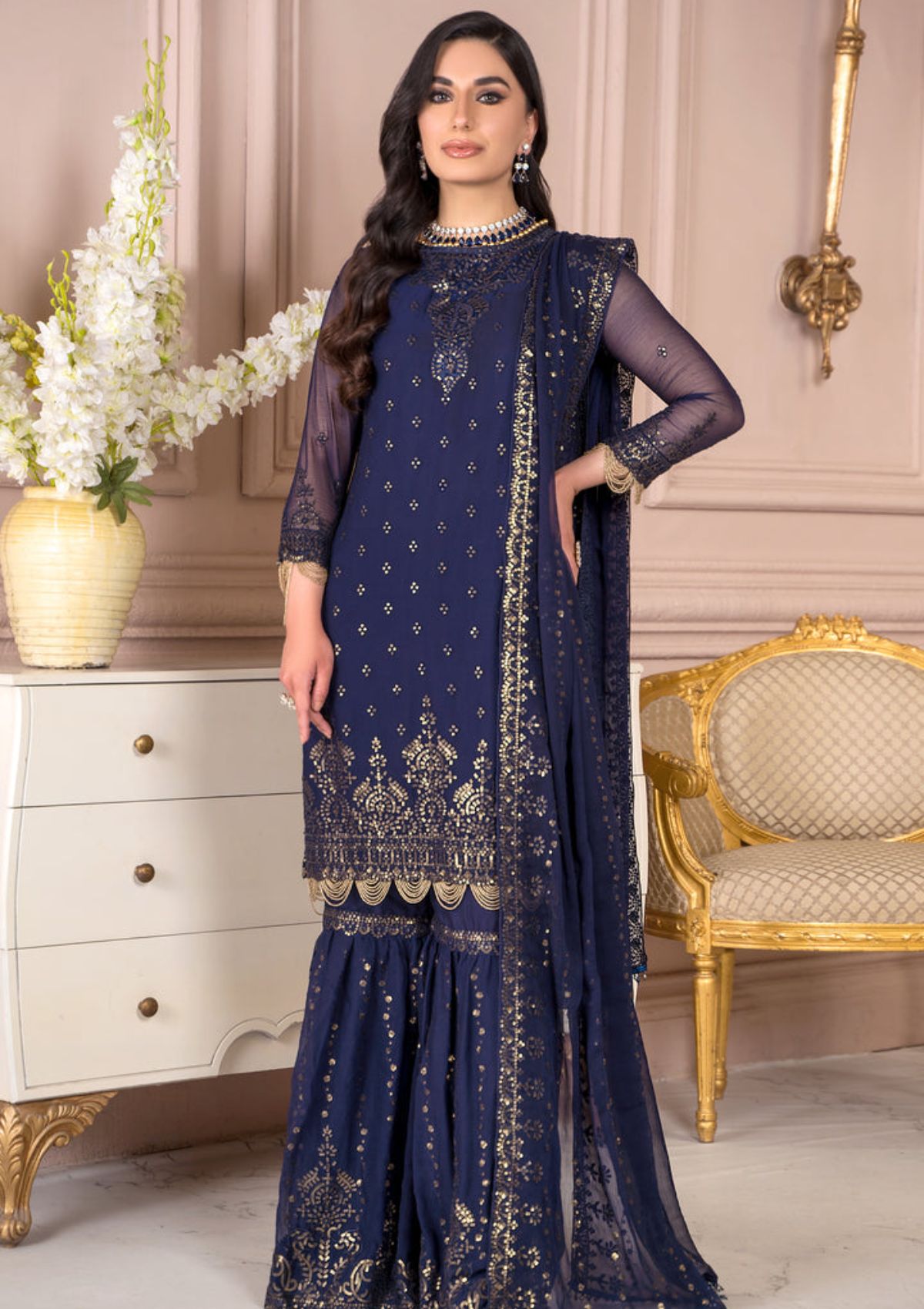 Zarif Embroidered Raw Silk Unstitched 3Pc Suit ZA 05 admiral