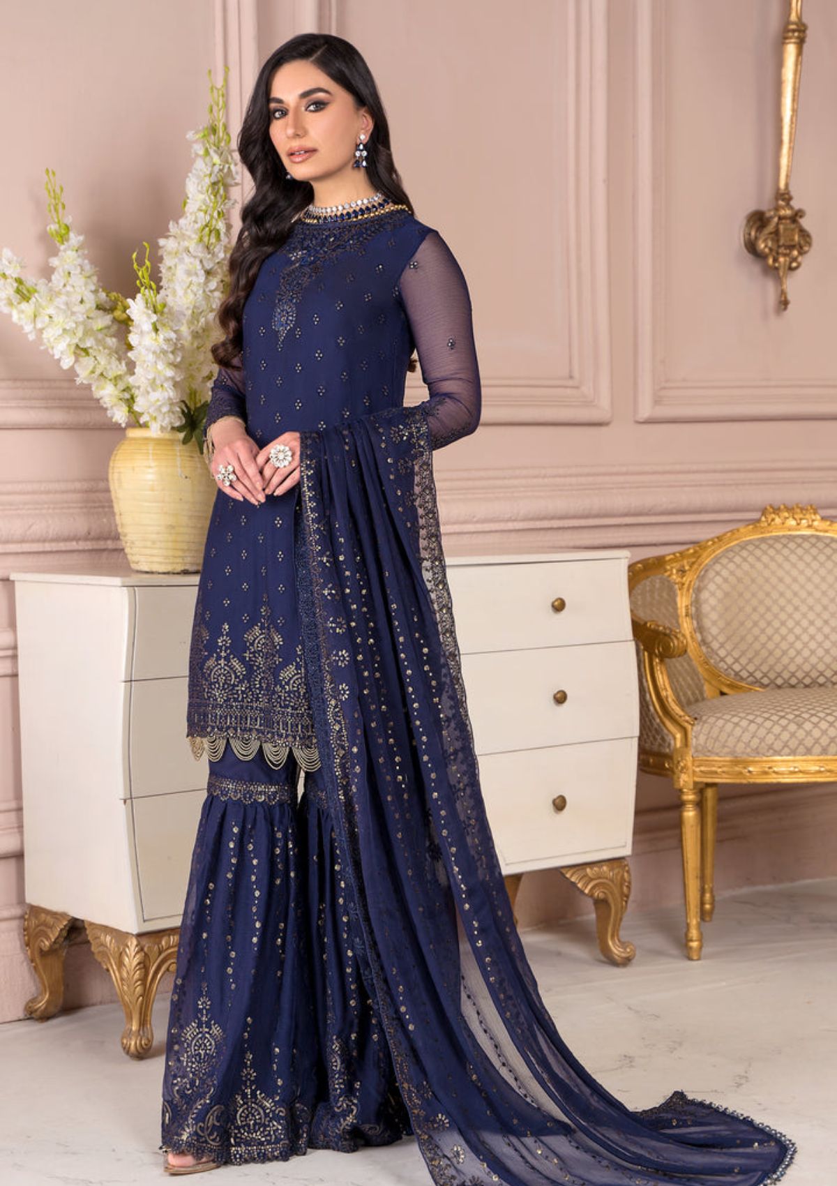 Zarif Embroidered Raw Silk Unstitched 3Pc Suit ZA 05 admiral
