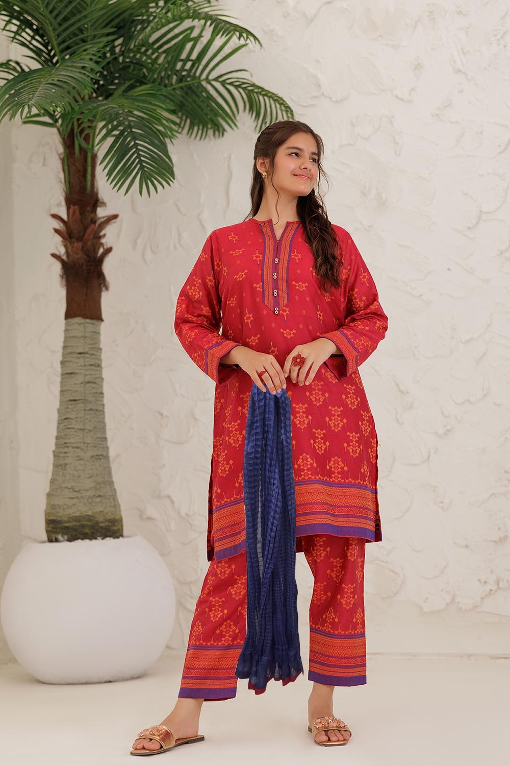 SN- Red & Multicolor | Casual 3 Piece Suit | Cotton Jacquard