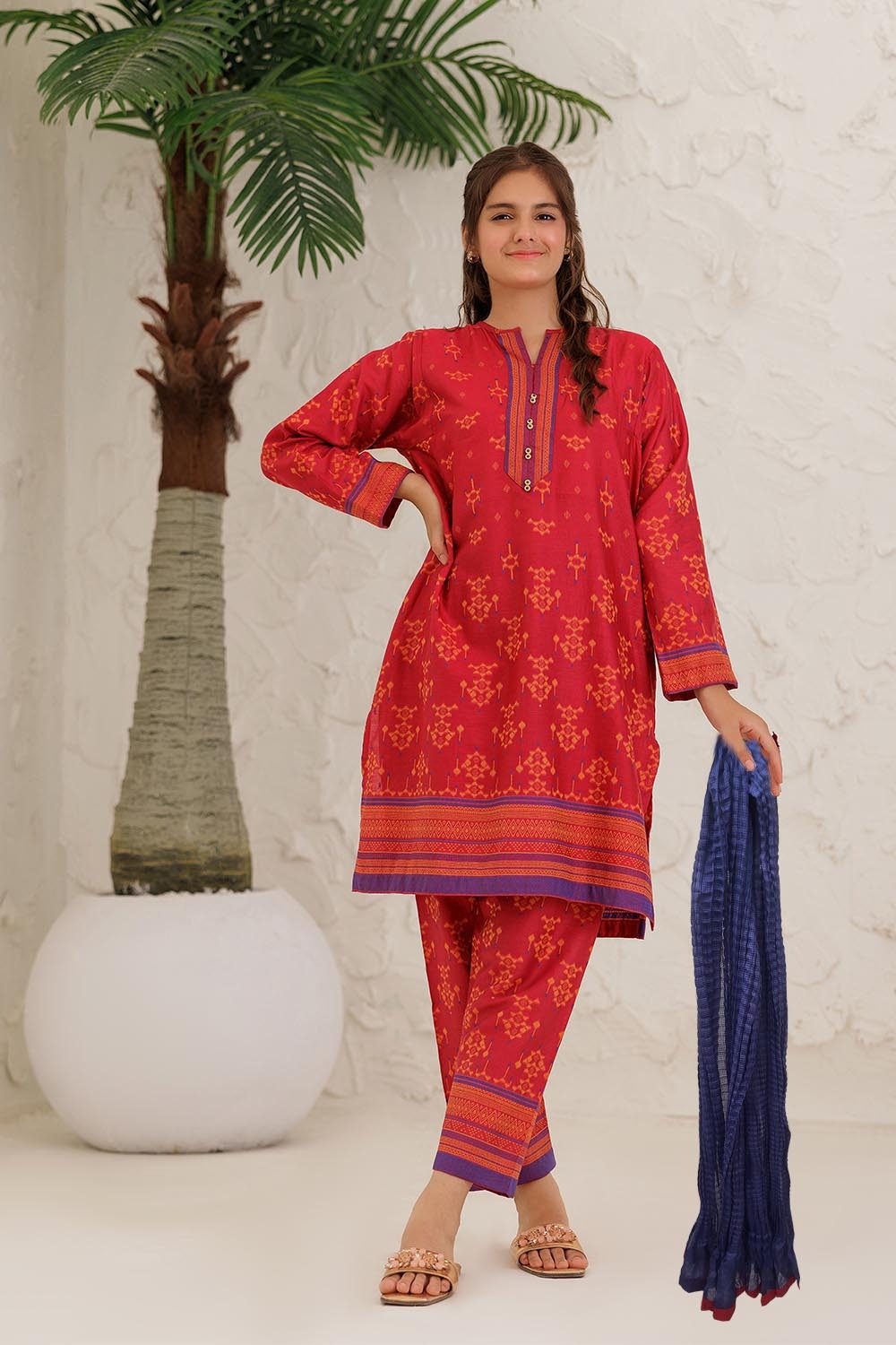 SN- Red & Multicolor | Casual 3 Piece Suit | Cotton Jacquard