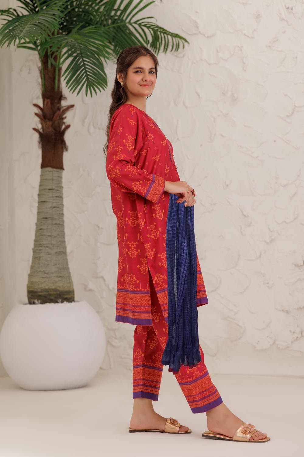 SN- Red & Multicolor | Casual 3 Piece Suit | Cotton Jacquard
