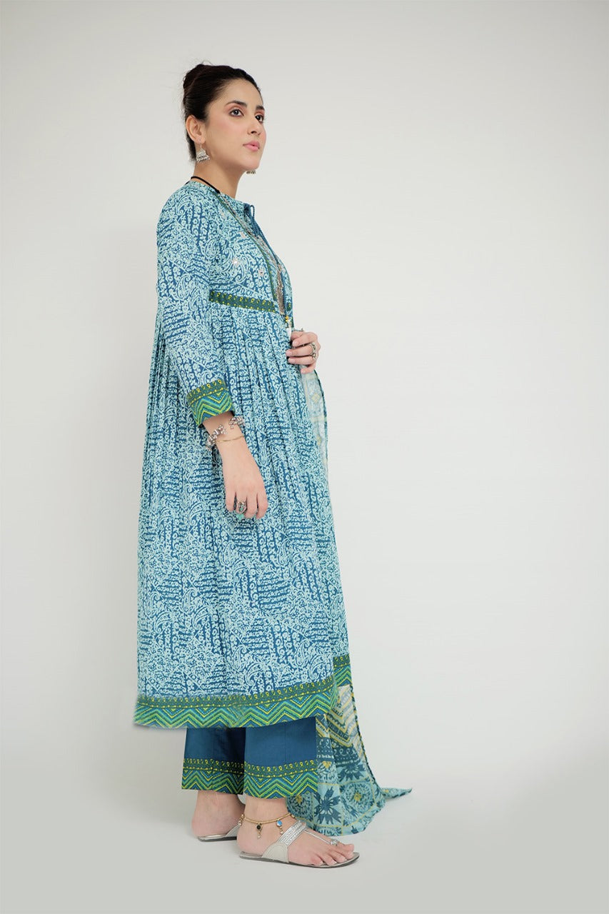 SN-02687 | Turquoise Blue & Multicolor | Casual 3 Piece Suit | Cotton Lawn Printed