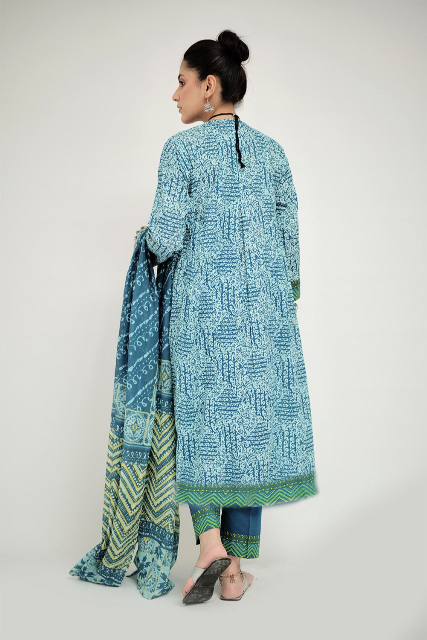 SN-02687 | Turquoise Blue & Multicolor | Casual 3 Piece Suit | Cotton Lawn Printed