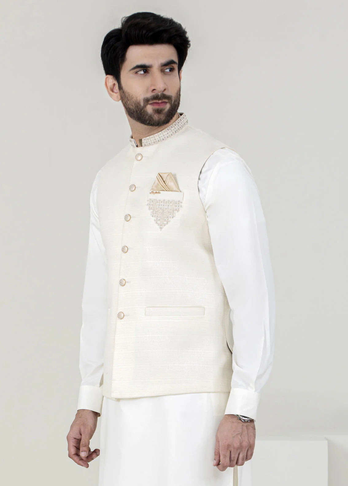 Off White Embroidered Men's Waistcoat