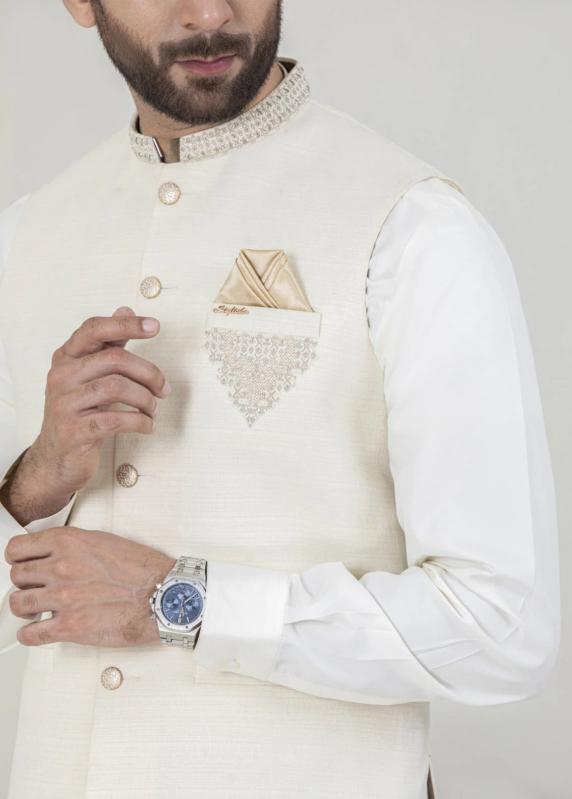 Off White Embroidered Men's Waistcoat