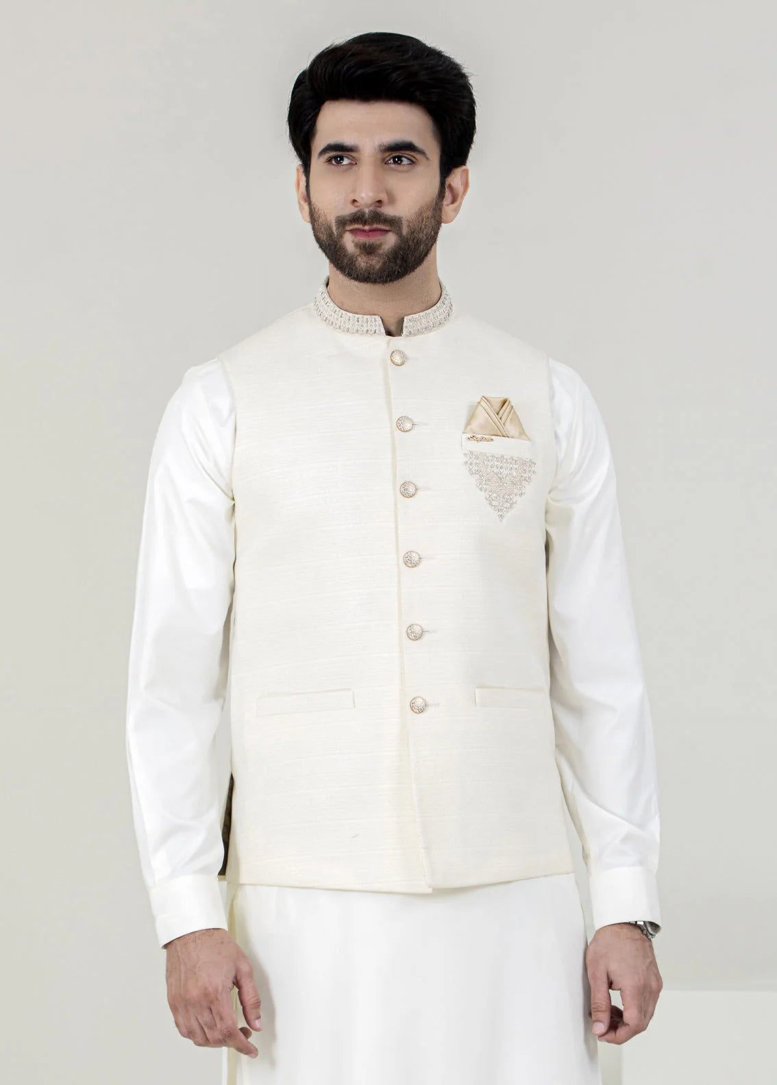 Off White Embroidered Men's Waistcoat