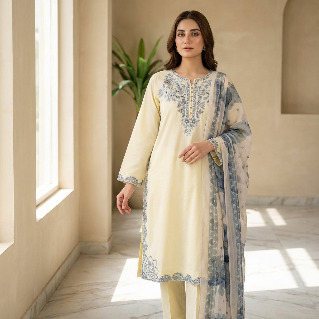 Naqsh-e-Zar Butter Yellow Embroidered 3 Piece Suit