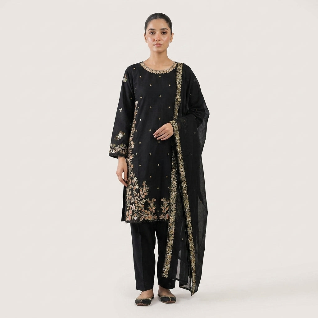 Naqsh-e-Zar Jet Black Embroidered 3 Piece Suit
