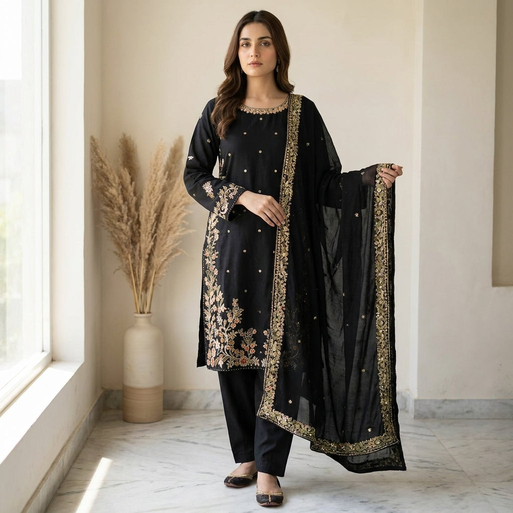 Naqsh-e-Zar Jet Black Embroidered 3 Piece Suit