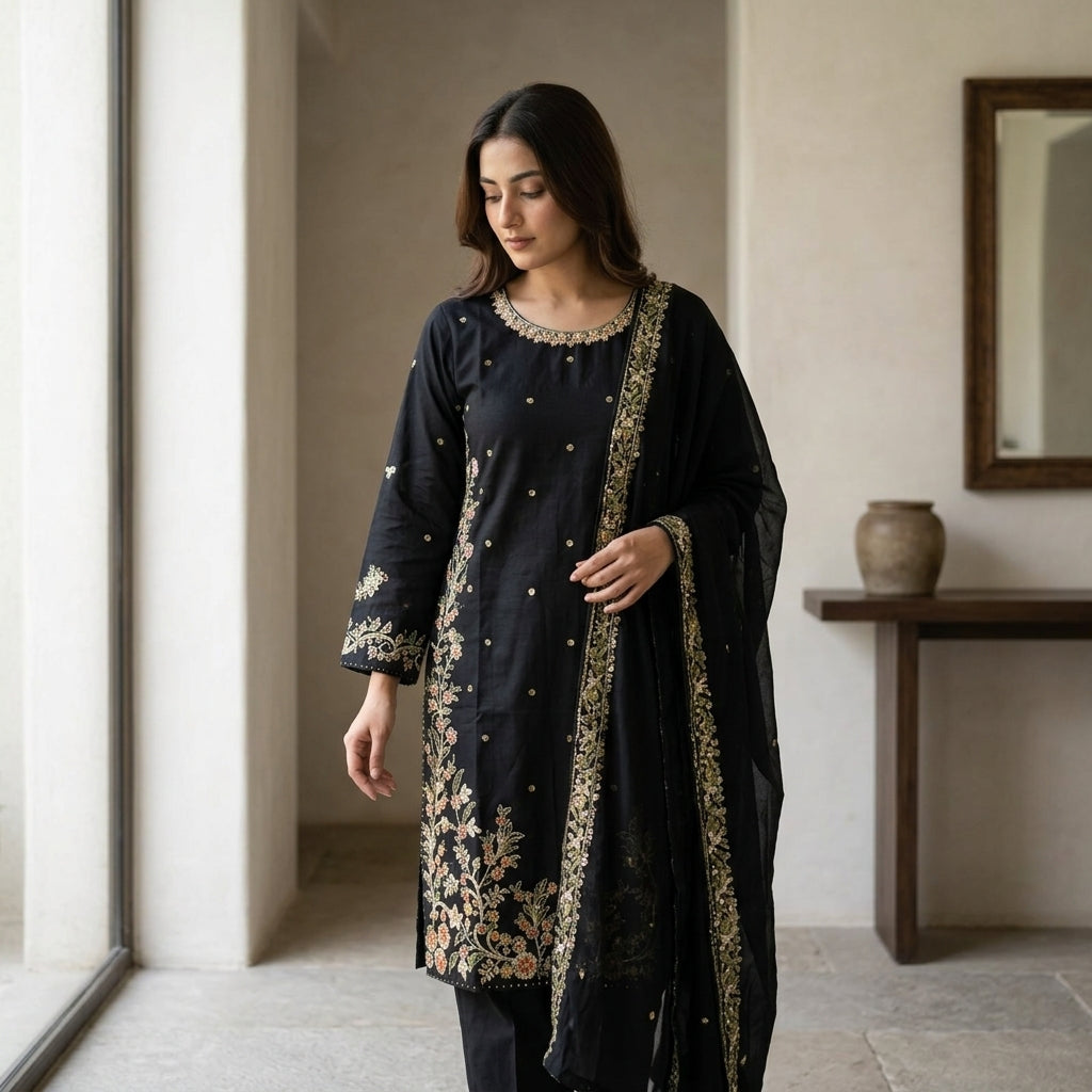 Naqsh-e-Zar Jet Black Embroidered 3 Piece Suit