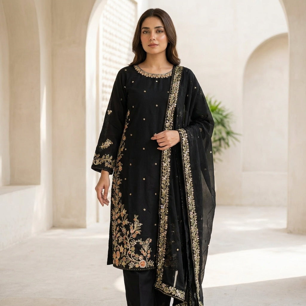 Naqsh-e-Zar Jet Black Embroidered 3 Piece Suit