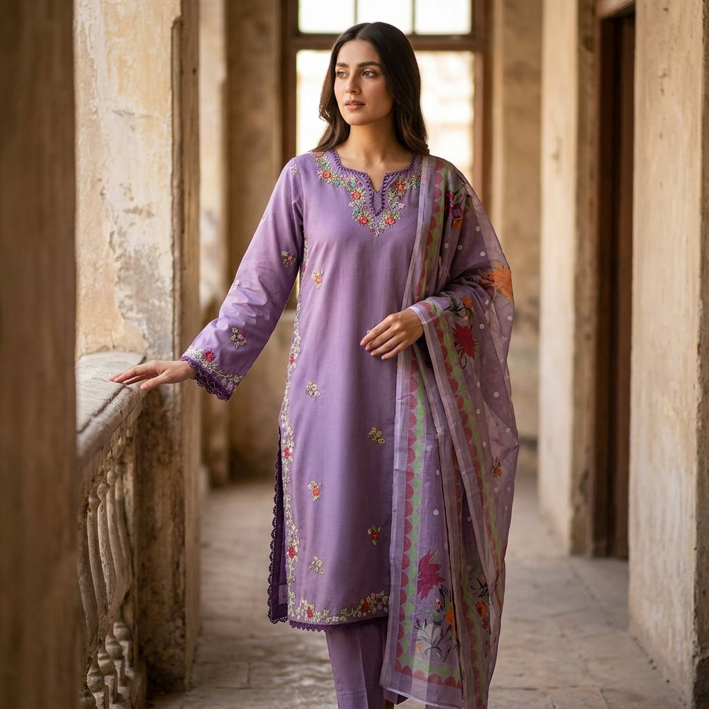 Naqsh-e-Zar Dusty Lilac Embroidered 3 Piece Suit