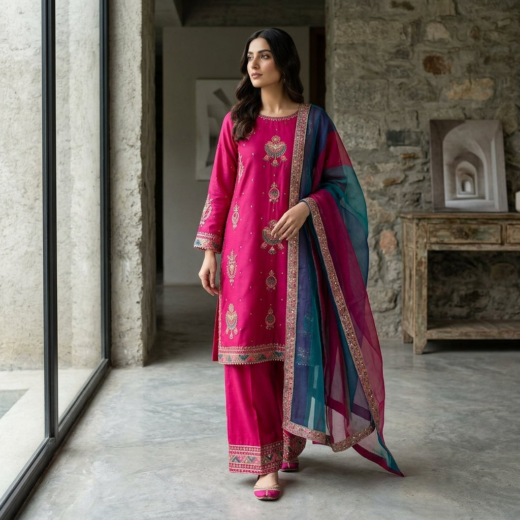 Naqsh-e-Zar Deep Fuchsia Embroidered 3 Piece Suit
