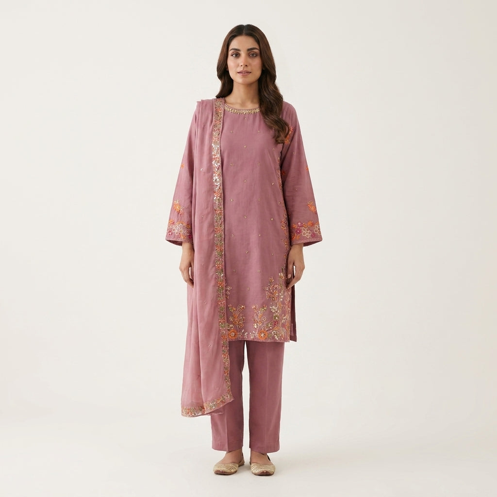 Naqsh-e-Zar Dusty Pink Embroidered 3 Piece Suit