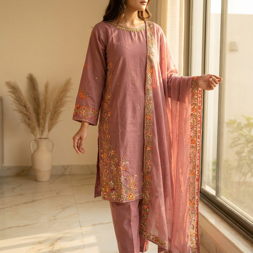 Naqsh-e-Zar Dusty Pink Embroidered 3 Piece Suit